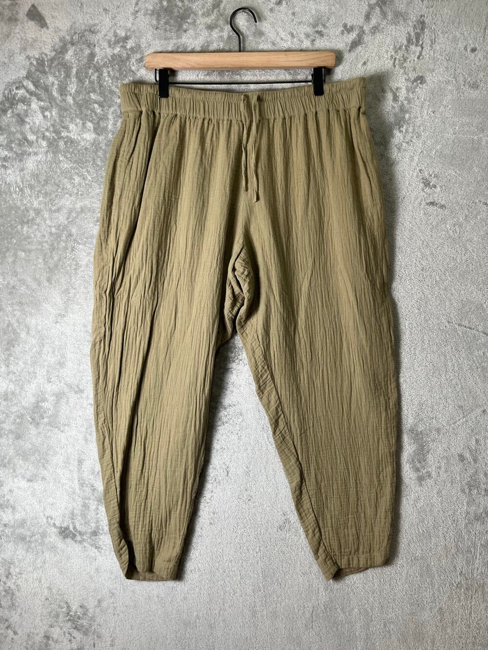 Pact Olive Crinkle Cotton Tapered Jogger Pants Relaxed Lagenlook Minimalist 2XL